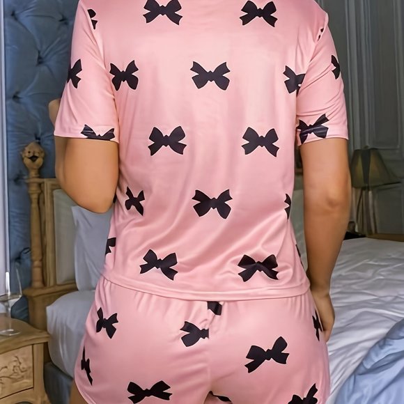 Bow Print Pajamas Set, Short Sleeve Crew Neck Top & Shorts, Women's Sleepwear - Picture 4 of 5